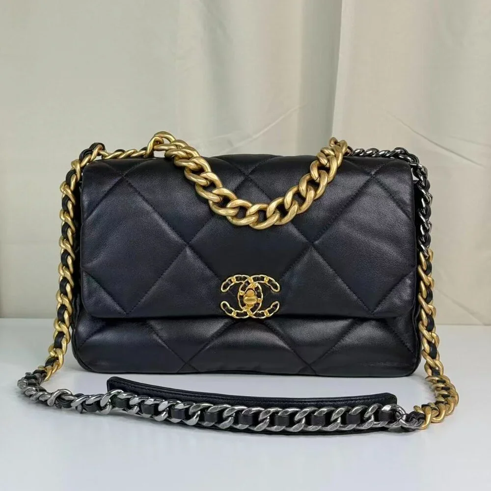 Chanel Black 19 Medium Shoulder Bag with Gold Chain Crossbody Strap
